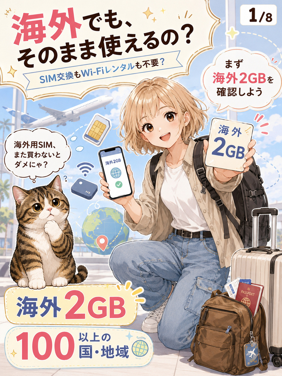 楽天モバイルを海外旅行でそのまま使えるのか、海外2GBやSIM交換不要というポイントを猫と女の子が確認する導入漫画。