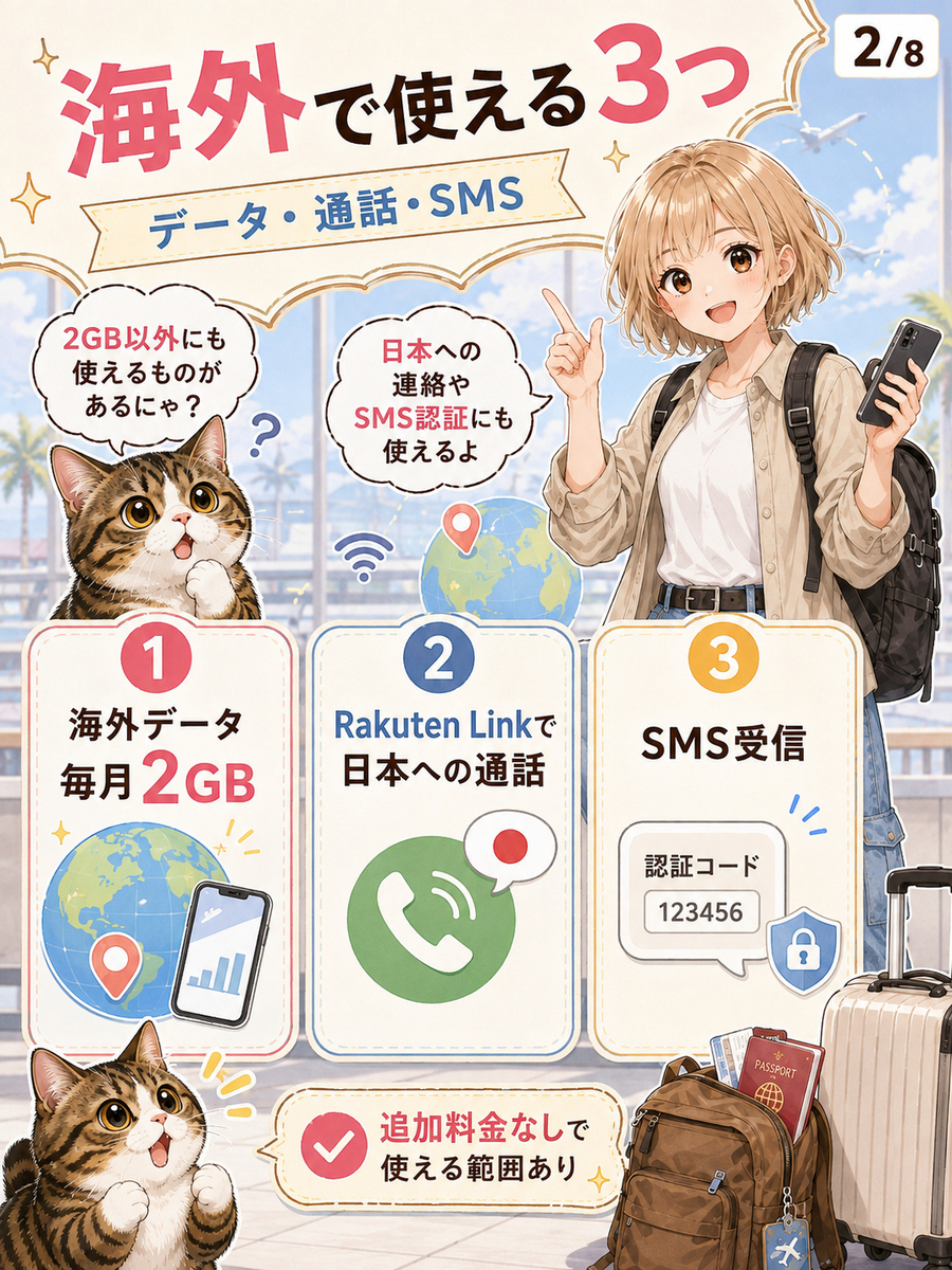 楽天モバイルの海外利用で使える毎月2GBのデータ通信、Rakuten Linkの日本向け通話、SMS受信を3項目で整理した画像。