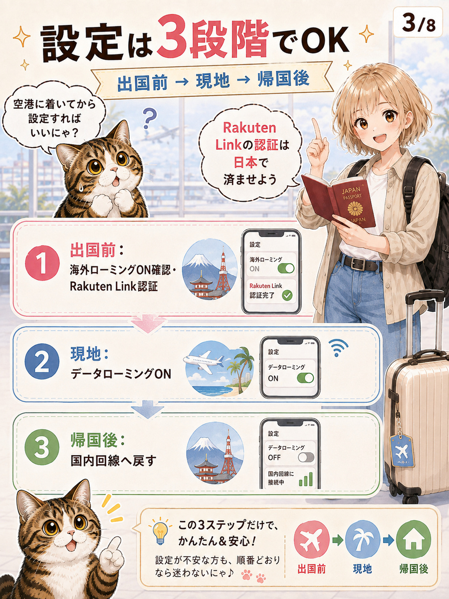 楽天モバイル海外ローミングの設定を、出国前のRakuten Link認証、現地のデータローミング、帰国後の3段階で説明する漫画。