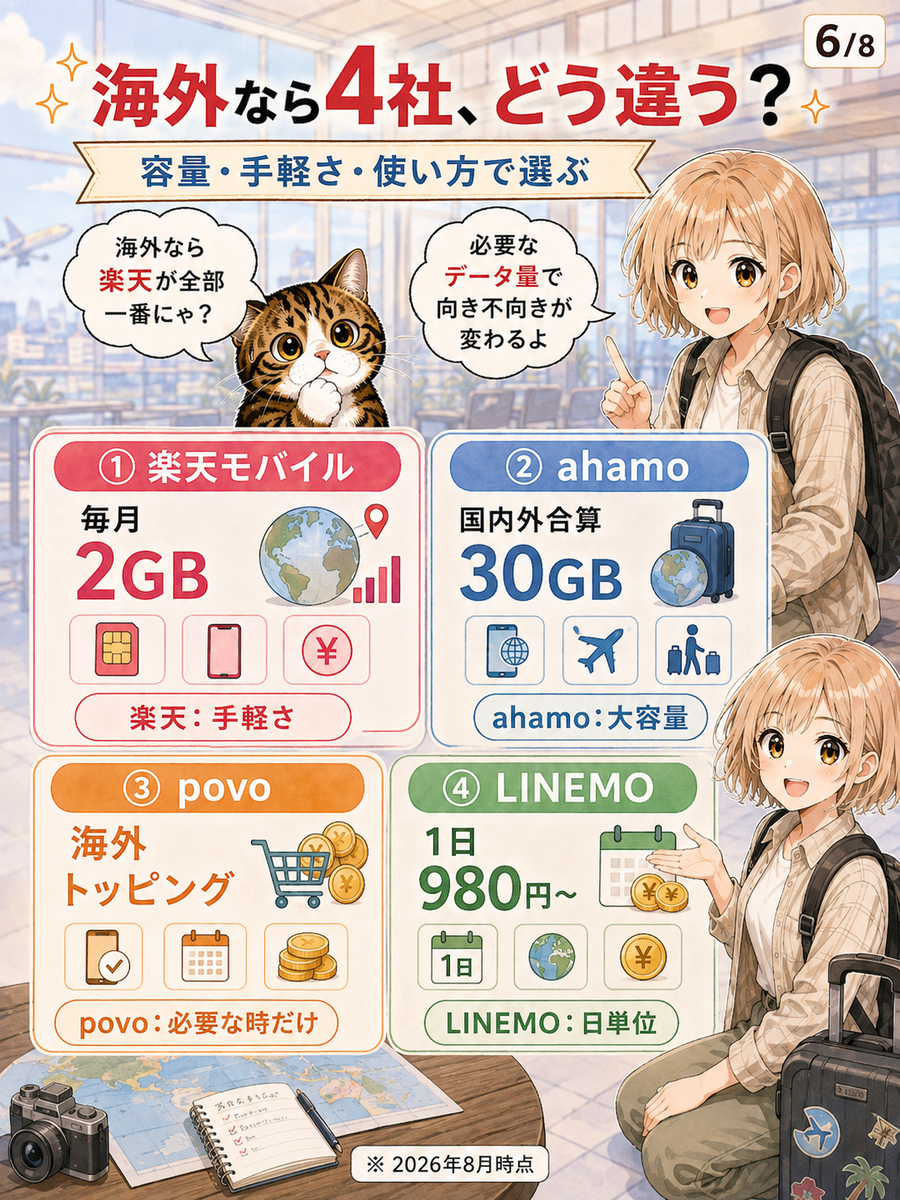 海外2GB超過後は最大128kbpsとなることや1GB500円の追加データ、Rakuten Link以外の通話料金に注意する画像。