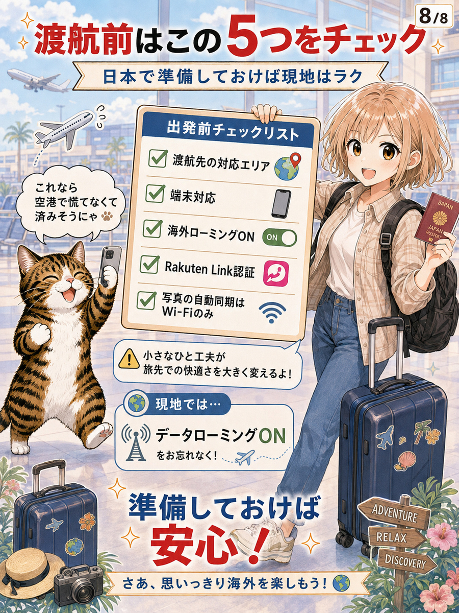 海外渡航前に確認する対応エリア、端末、海外ローミング、Rakuten Link、自動同期設定をチェックリストにした画像。