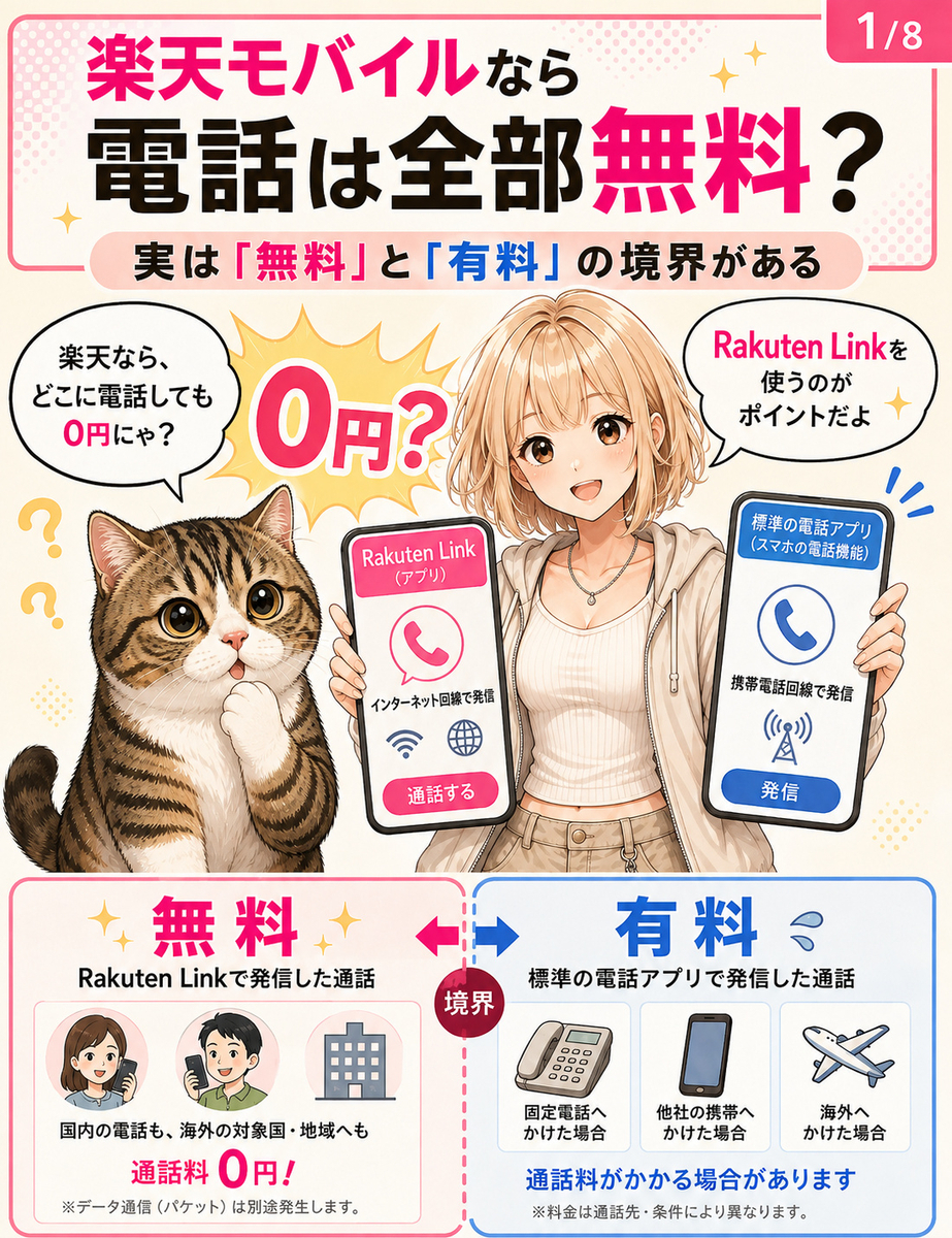 楽天モバイルの通話がすべて無料なのか疑問を持つ猫と、Rakuten Linkがポイントだと説明する女の子の導入漫画。