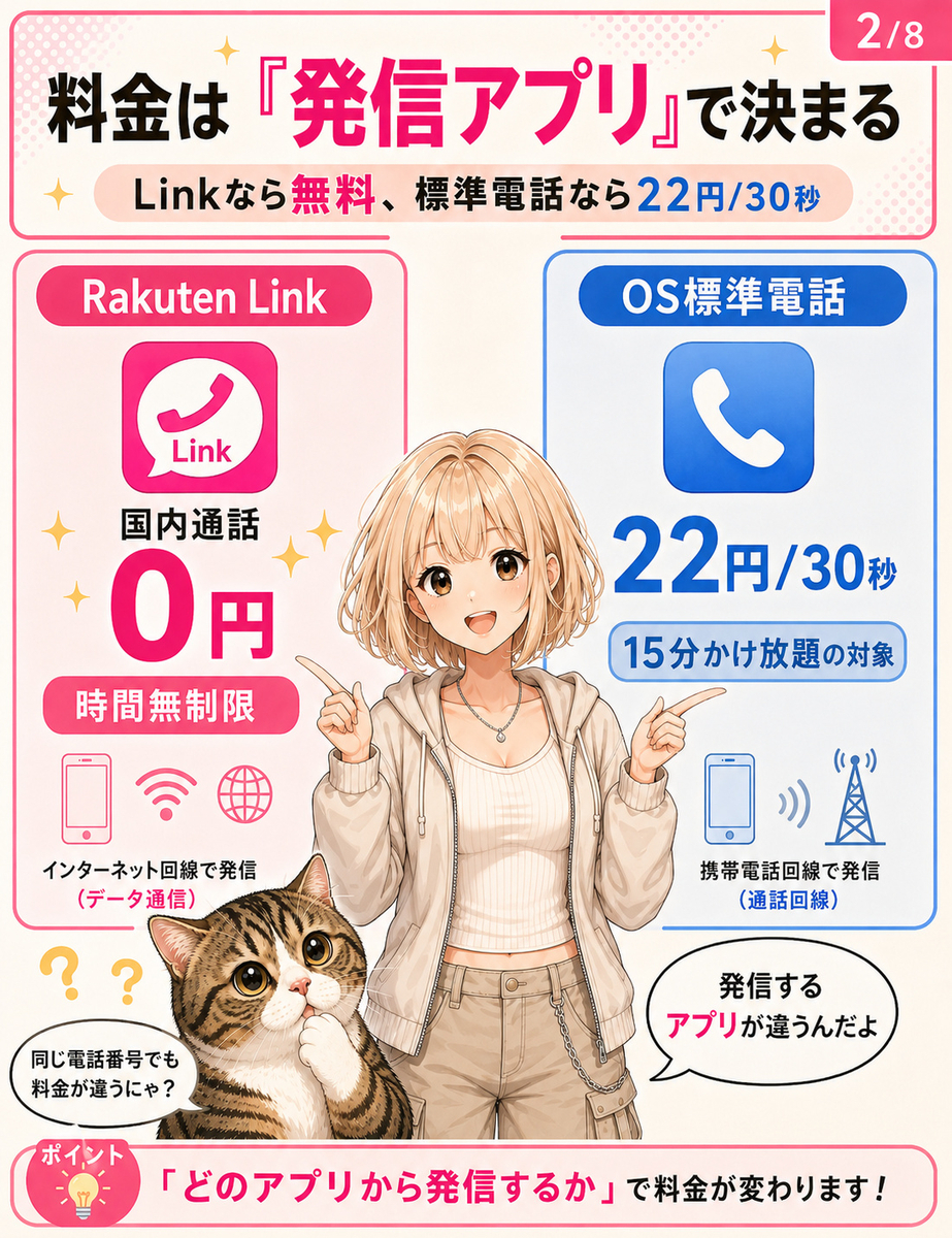 Rakuten Linkからの国内通話は無料、OS標準電話アプリからの発信は22円30秒になる違いを比較した画像。