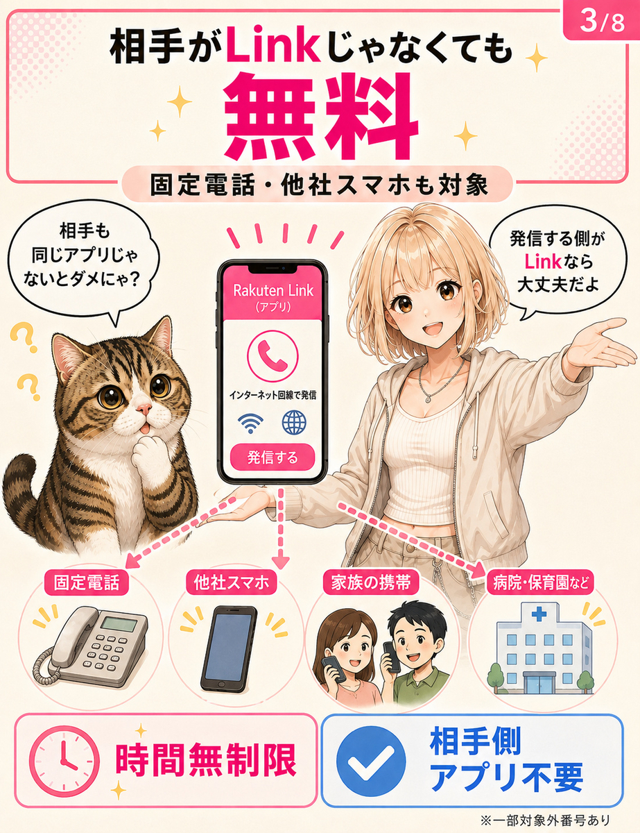 Rakuten Linkなら相手が同じアプリを使っていなくても、固定電話や他社スマホへの国内通話が無料になることを説明する漫画。