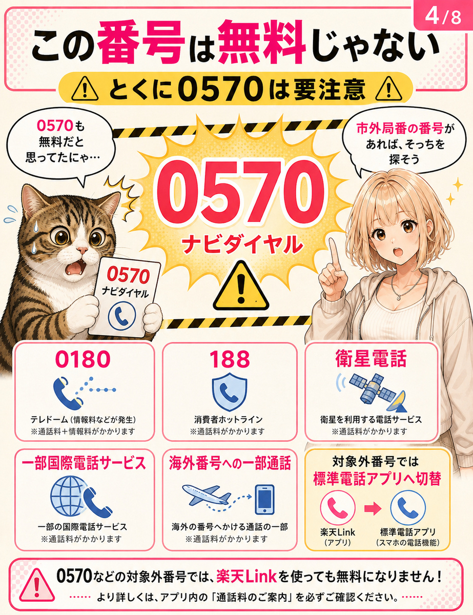 Rakuten Linkでも無料対象外となる0570、0180、188などの番号を注意マーク付きで整理した解説画像。