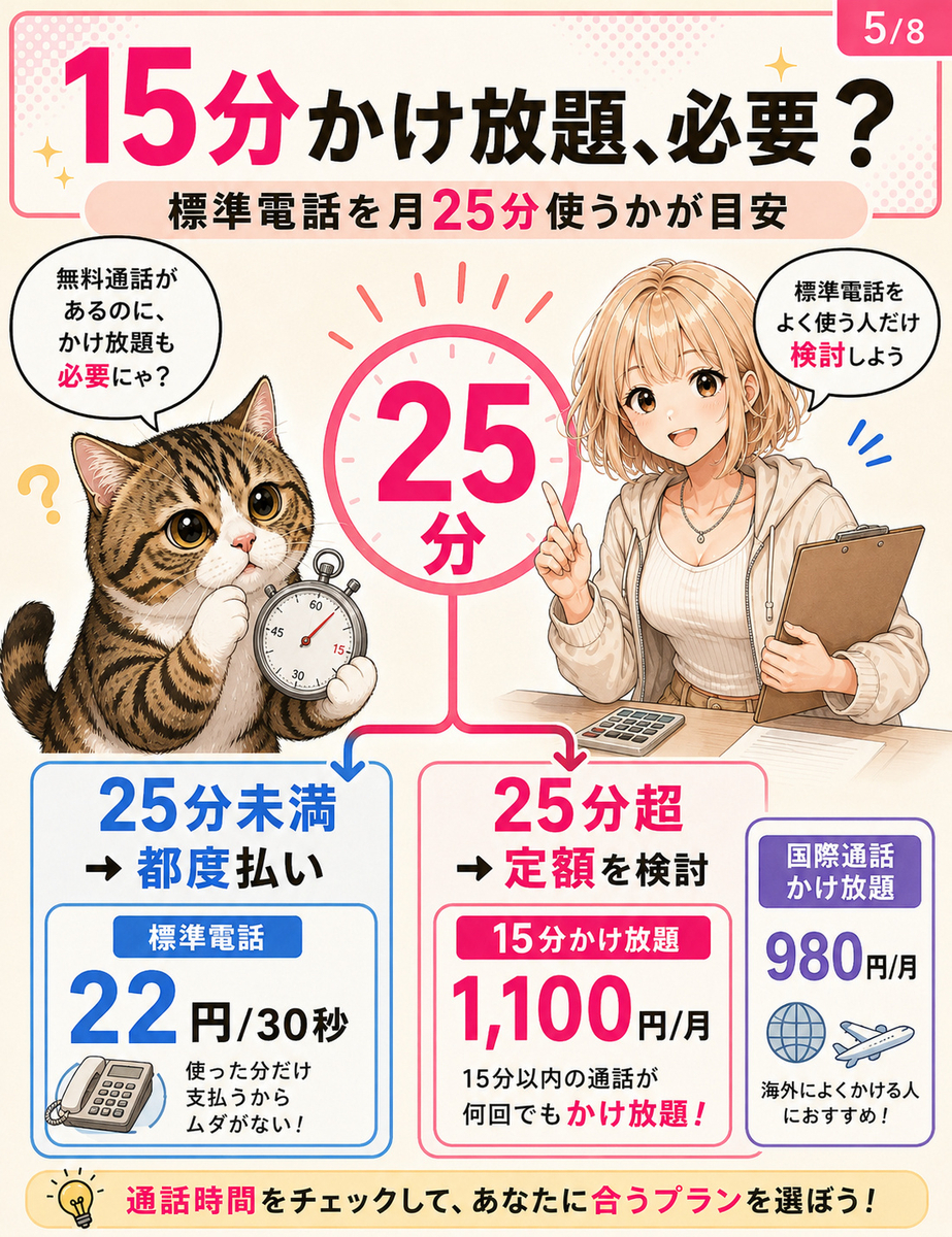 15分かけ放題月1,100円が必要かどうかを、標準電話アプリの月25分という目安から判断する方法を示した画像。