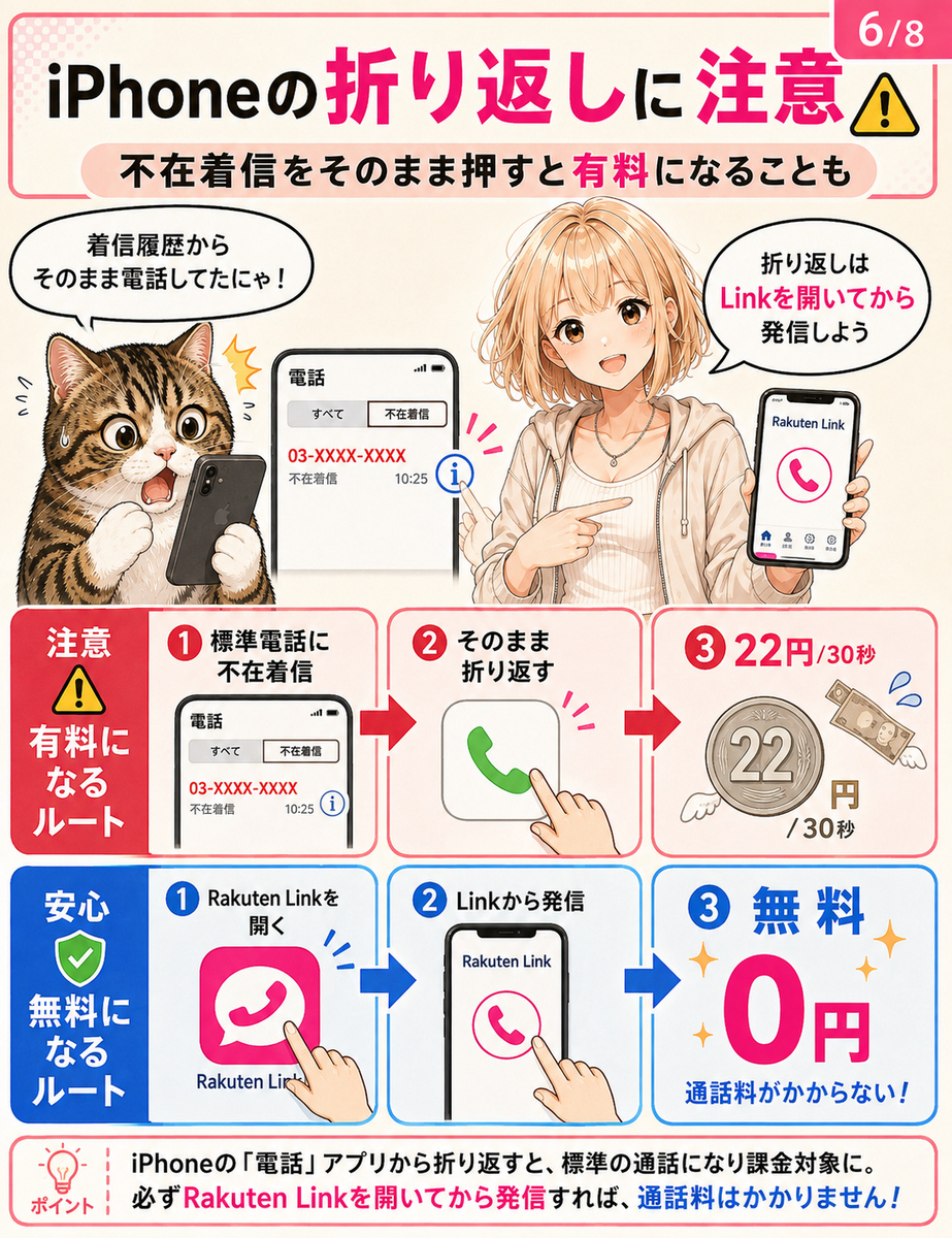 iPhoneで標準電話アプリの不在着信から直接折り返すと有料になる可能性と、Rakuten Linkから折り返す方法を解説する漫画。