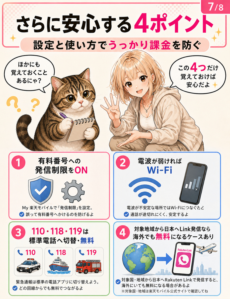有料番号の発信制限、Wi-Fi通話、緊急通報、海外から日本へのRakuten Link通話などの注意点をまとめた画像。