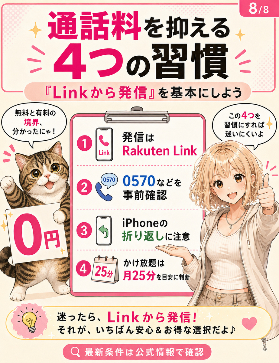 楽天モバイルの通話料を抑えるため、Rakuten Link利用、対象外番号確認、iPhone折り返し、かけ放題判断をまとめた最終チェック画像。