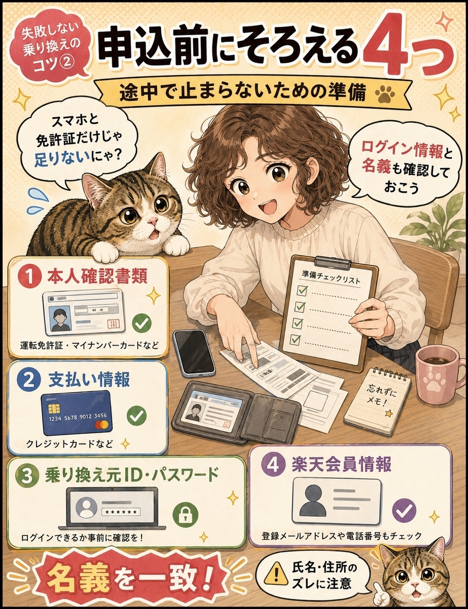 楽天モバイル申込前に用意する本人確認書類、支払い情報、乗り換え元ログイン情報、楽天会員情報を整理した画像。