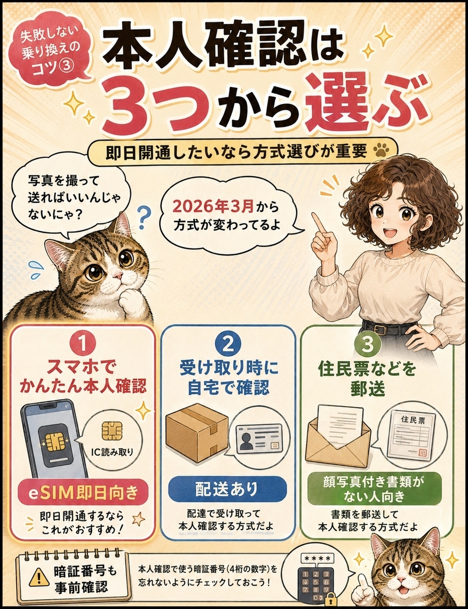 2026年3月30日以降の楽天モバイル本人確認3方式と、eSIMで即日開通を狙う場合の選び方を比較する漫画。