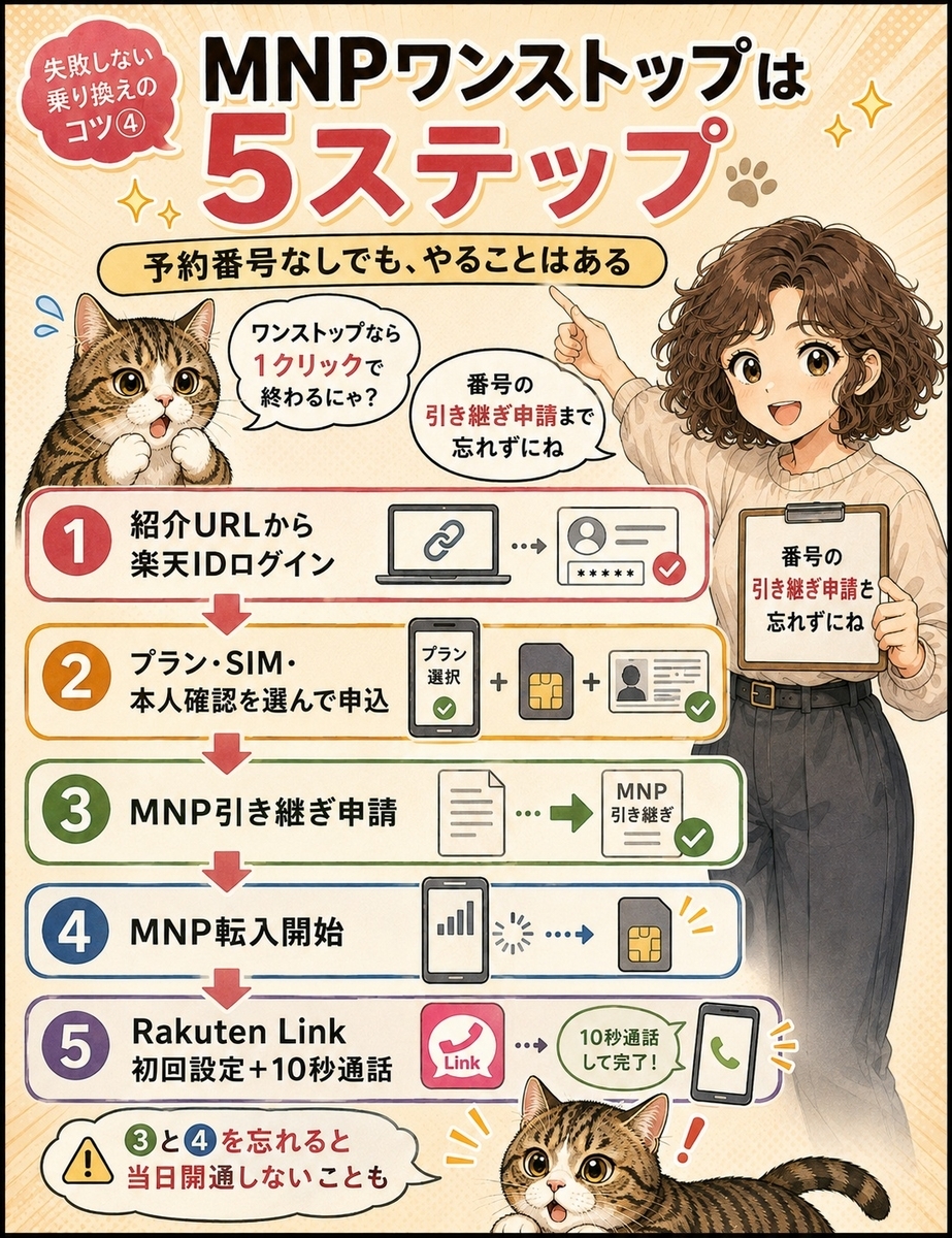 楽天モバイルのMNPワンストップを、紹介ログインからRakuten Linkの10秒通話まで5ステップで解説する画像。
