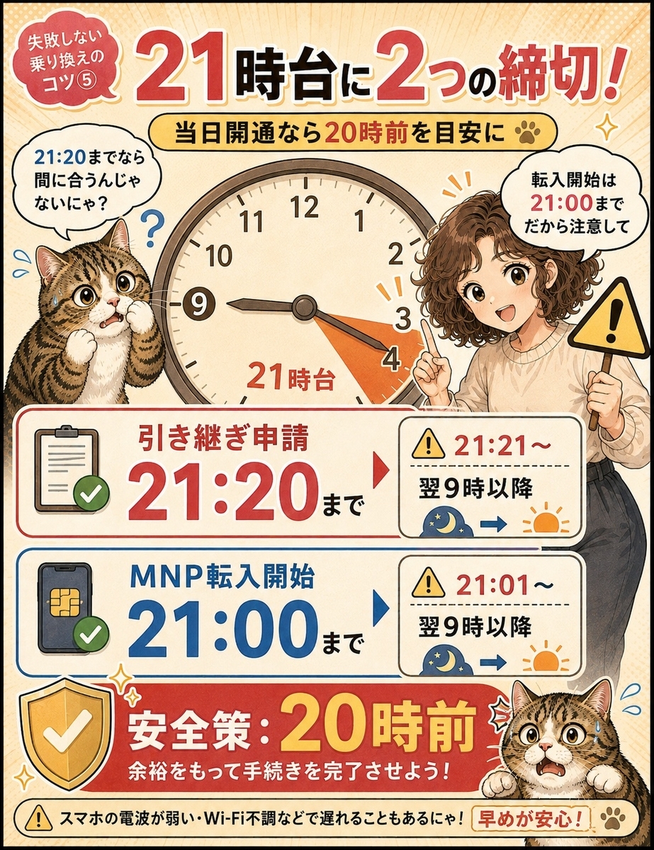 楽天モバイルMNPの引き継ぎ申請21時20分と転入開始21時という2つの締切時刻を比較した注意画像。