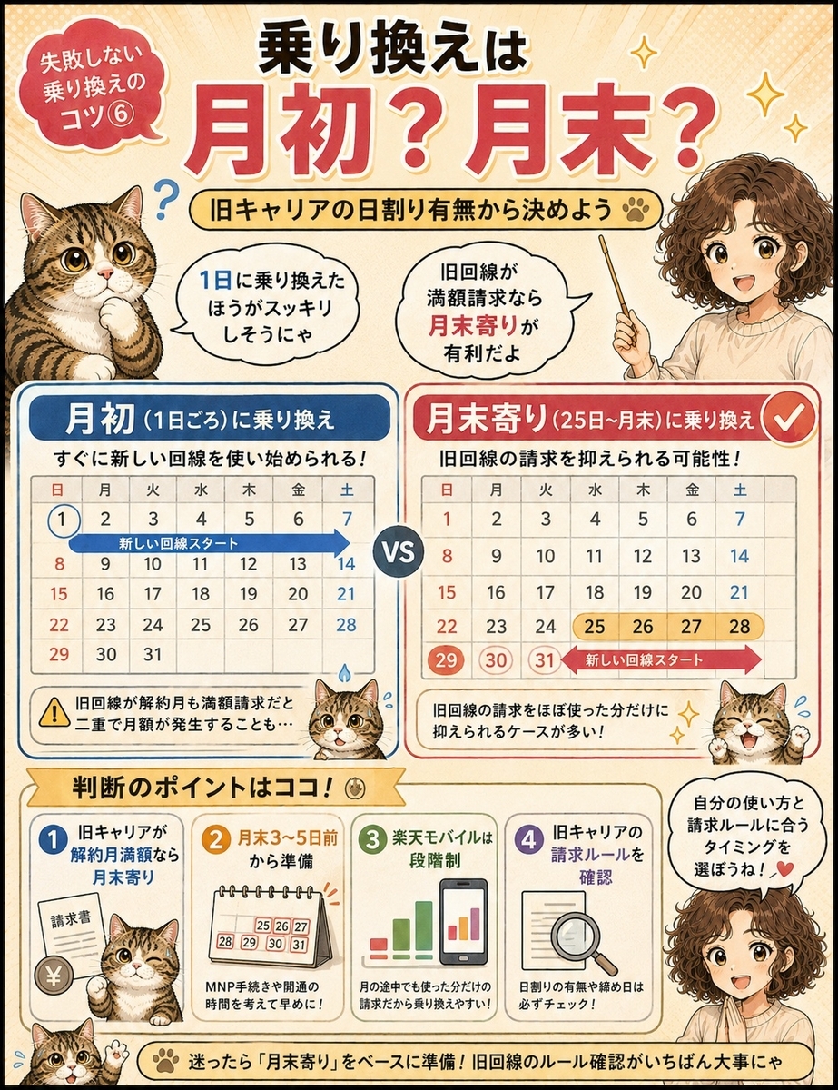 旧キャリアの解約月料金と楽天モバイルの段階制料金から、月初と月末の乗り換えタイミングを判断する漫画。