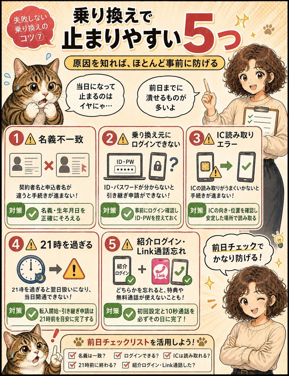 名義不一致、ログイン失敗、本人確認エラー、受付時刻、紹介条件という楽天モバイル乗り換えの5つの失敗例を整理した画像。