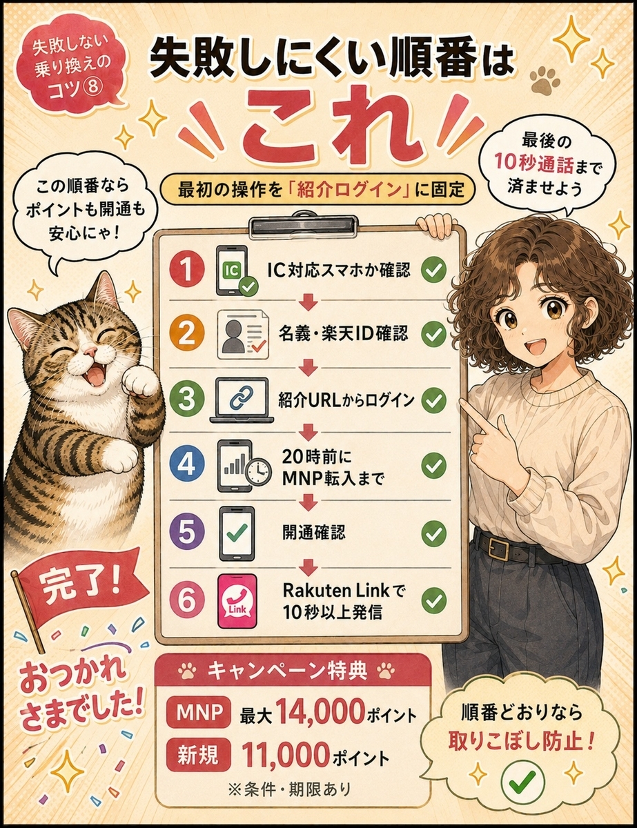 楽天モバイル乗り換えを紹介ログイン、MNP転入、開通確認、Rakuten Link10秒通話の順で行う最終チェック画像。