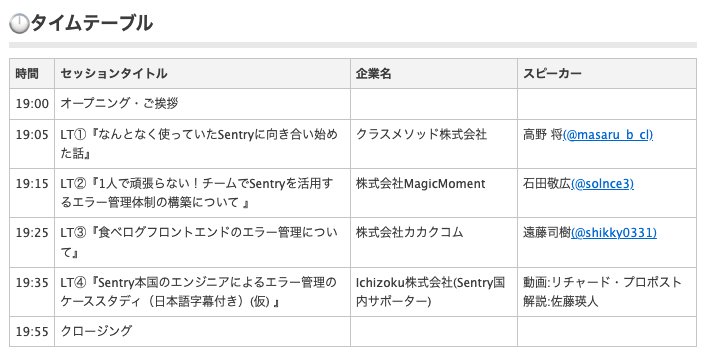 イベントのタイムテーブル