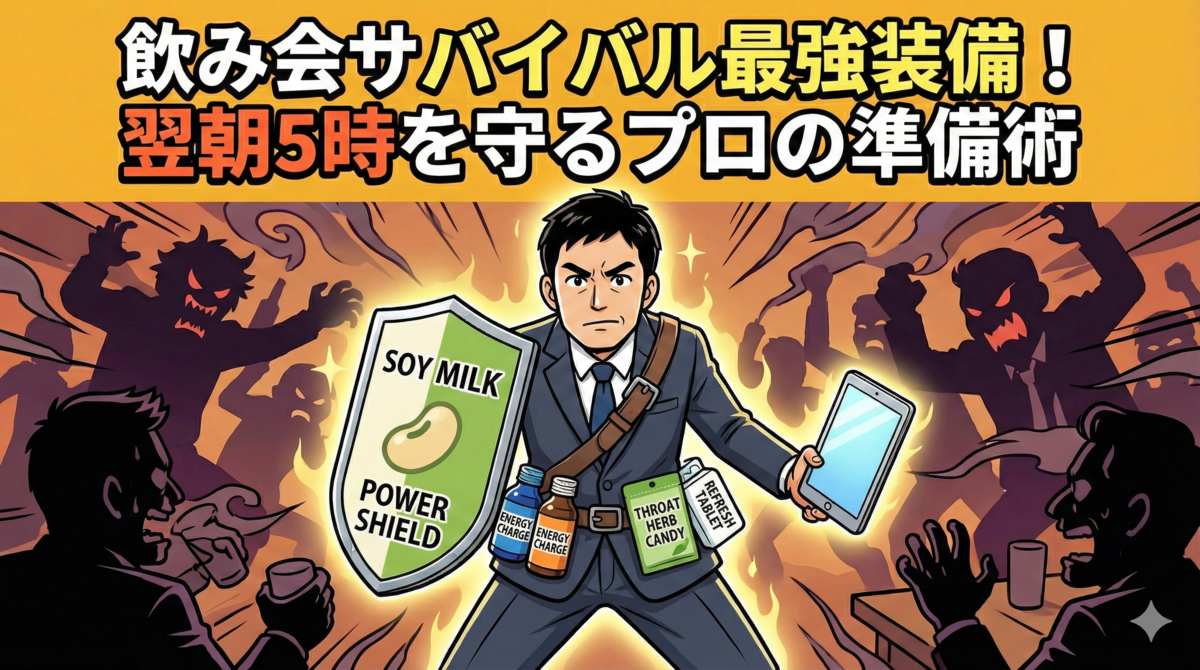 alt="漫画風イラストのアイキャッチ画像。「飲み会サバイバル最強装備! 翌朝5時を守るプロの準備術」というタイトル。自信に満ちた表情のビジネスマンが、「特濃豆乳」と書かれた盾や、ドリンク剤、タブレットなどのアイテムを装備し、飲み会で騒ぐ同僚たちのシルエットを背景に仁王立ちしている様子。"