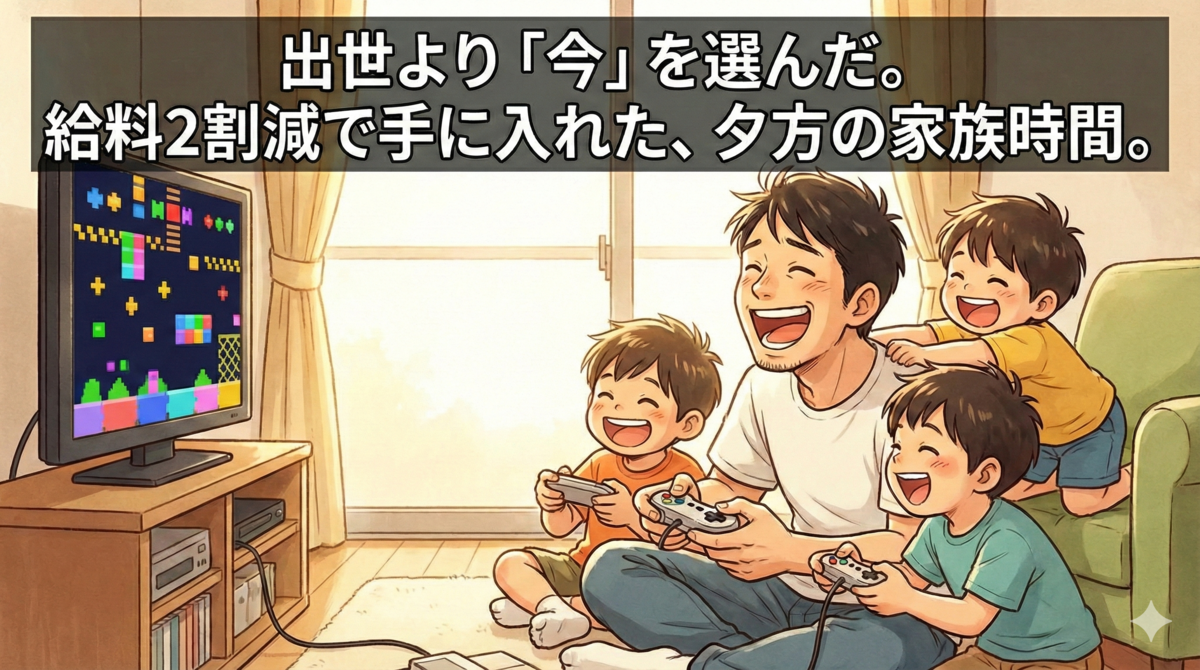 夕暮れ時のリビングで、父親と3人の幼い息子が笑顔でテレビゲームを楽しんでいるイラスト。画面上部の帯テキストには「出世より「今」を選んだ。給料2割減で手に入れた、夕方の家族時間。」と書かれている。