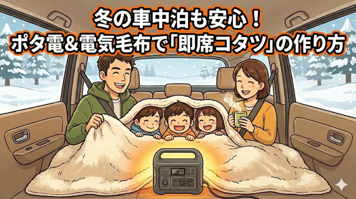 "真冬の海でずぶ濡れになり震える子供を、父親が電気毛布で温めようとしている緊迫した様子。車のトランクにはポータブル電源と簡易トイレが積まれている。「真冬の海ダイブ!ずぶ濡れの子を救った『車載の神器』3選」というタイトル文字。"