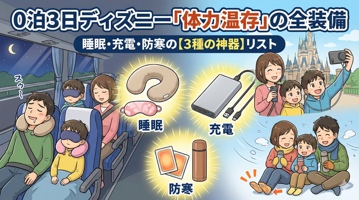 0泊3日ディズニー「体力温存」の全装備。睡眠・充電・防寒の【3種の神器】リスト。夜行バスで首枕やアイマスクを使って快適に眠る家族、ディズニーランドの前でモバイルバッテリーに繋いだスマホで自撮りをする笑顔の家族、強風のパーク内で水筒の温かい飲み物と足元のカイロで防寒対策をしてくつろぐ家族のイラスト。それぞれのシーンで重要なアイテムが光って強調されている。