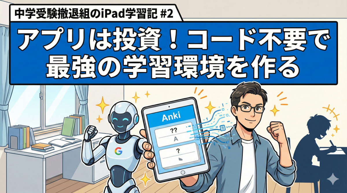 アイキャッチ画像:「アプリは投資!コード不要で最強の学習環境を作る」(中学受験撤退組のiPad学習記 #2)。AIロボットの助けを借りて、iPadのAnkiアプリで息子の学習環境を整えた父親が自信満々にポーズをとっているイラスト。