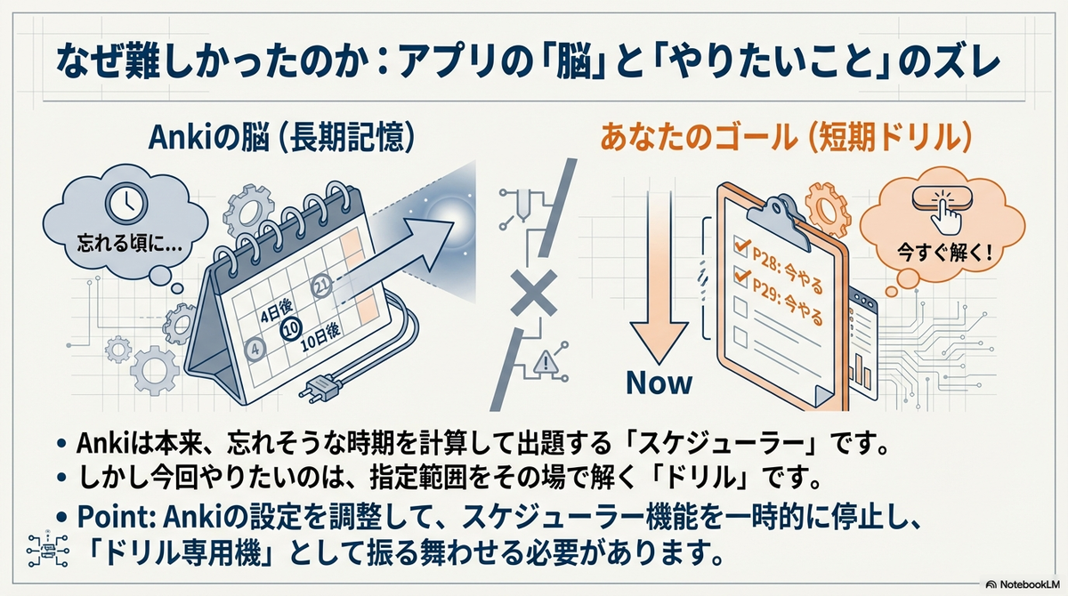 「なぜ難しかったのか:アプリの『脳』と『やりたいこと』のズレ」と題したスライド。左側はAnki本来の機能である「長期記憶(忘れる頃に出題するスケジューラー)」、右側はユーザーのゴールである「短期ドリル(今すぐ指定範囲を解く)」を示し、両者の機能が矛盾していることを図解している。結論として、Ankiの設定を調整し「ドリル専用機」として振る舞わせる必要があると説明されている。