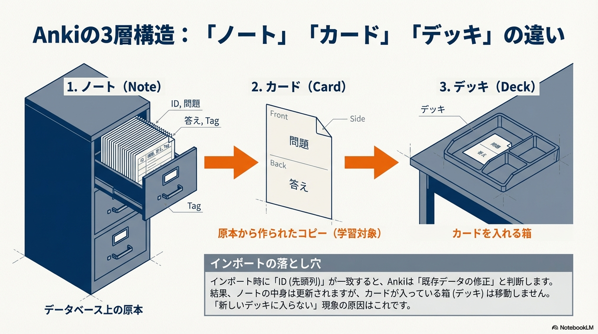 「Ankiの3層構造:『ノート』『カード』『デッキ』の違い」と題した解説図。1.「ノート(Note)」はデータベース上の原本(ファイリングキャビネットの図)、2.「カード(Card)」はそこから作られた学習用のコピー(表面・裏面の紙の図)、3.「デッキ(Deck)」はカードを入れる箱(トレイの図)として表現されている。下部の「インポートの落とし穴」という注釈では、IDが一致するとAnkiは「既存データの修正」と判断し、カードが新しいデッキに移動しない現象の原因になると解説されている。