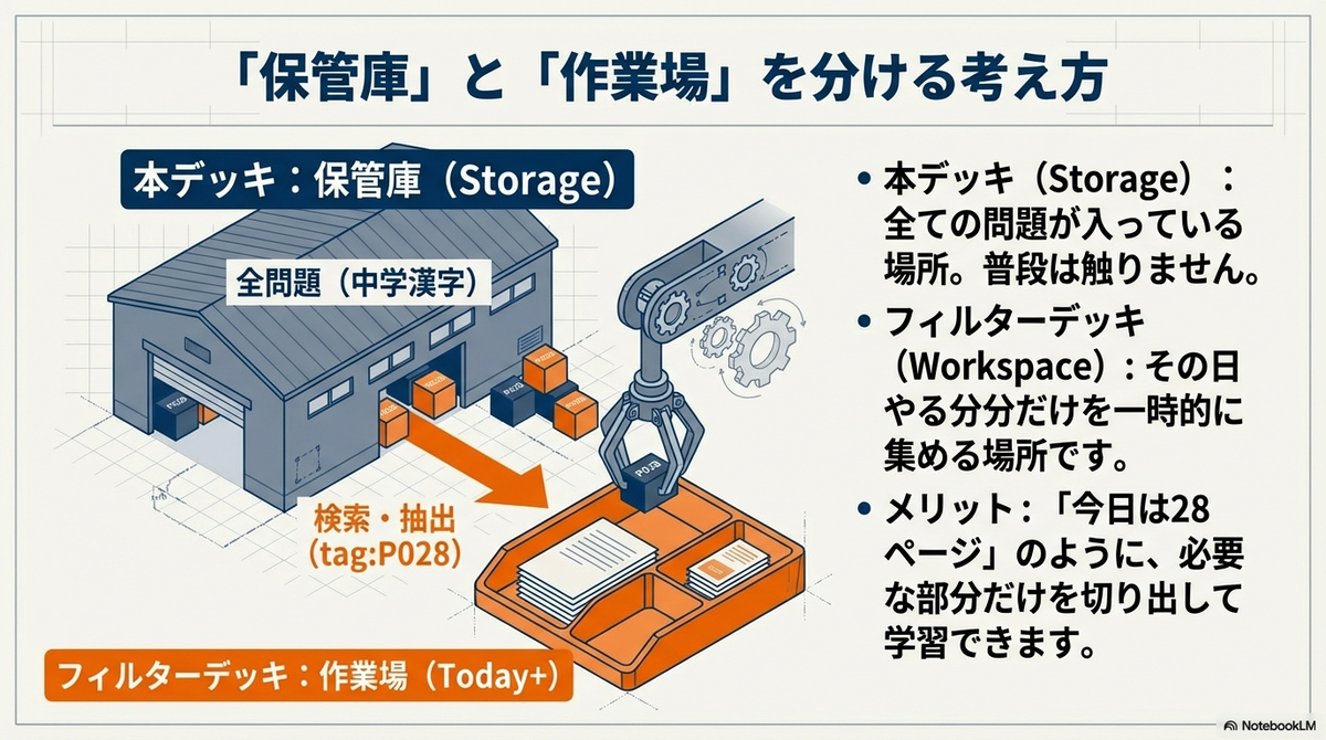 「『保管庫』と『作業場』を分ける考え方」と題した解説図。左側の「本デッキ:保管庫(Storage)」は全問題(中学漢字など)が格納された倉庫のイラストで、普段は触らない場所。そこからロボットアームが特定タグ(tag:P028など)を検索・抽出し、右側の「フィルターデッキ:作業場(Today+)」へ移動させている。右側には、その日やる分だけを一時的に集めて学習するメリットが説明されている。