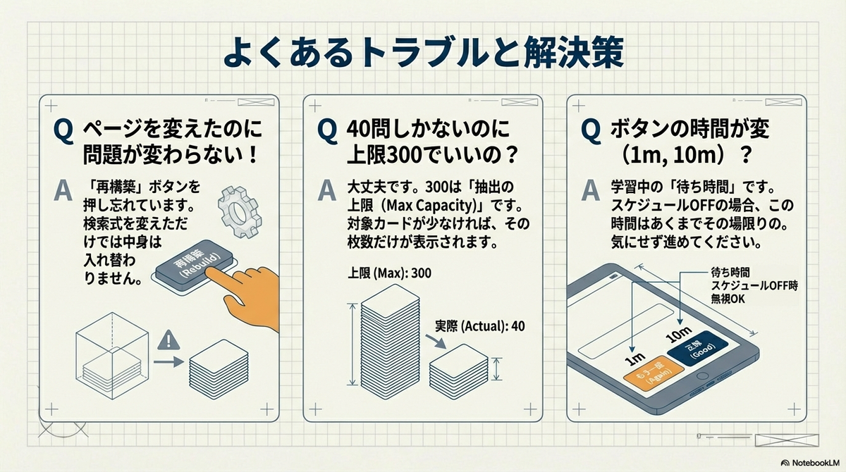 「よくあるトラブルと解決策」と題したQ&A形式の解説図。3つの事例が紹介されている。左側は「ページを変えたのに問題が変わらない」原因として「再構築(Rebuild)」ボタンの押し忘れを指摘。中央は「問題数が少ないのに上限300でいいの?」という疑問に対し、300はあくまで「抽出の上限(Max Capacity)」なので問題ないと回答。右側は「ボタンの時間(1m, 10m)が変?」という疑問に対し、スケジュールOFF運用では単なる「待ち時間」なので無視して良いと回答している。