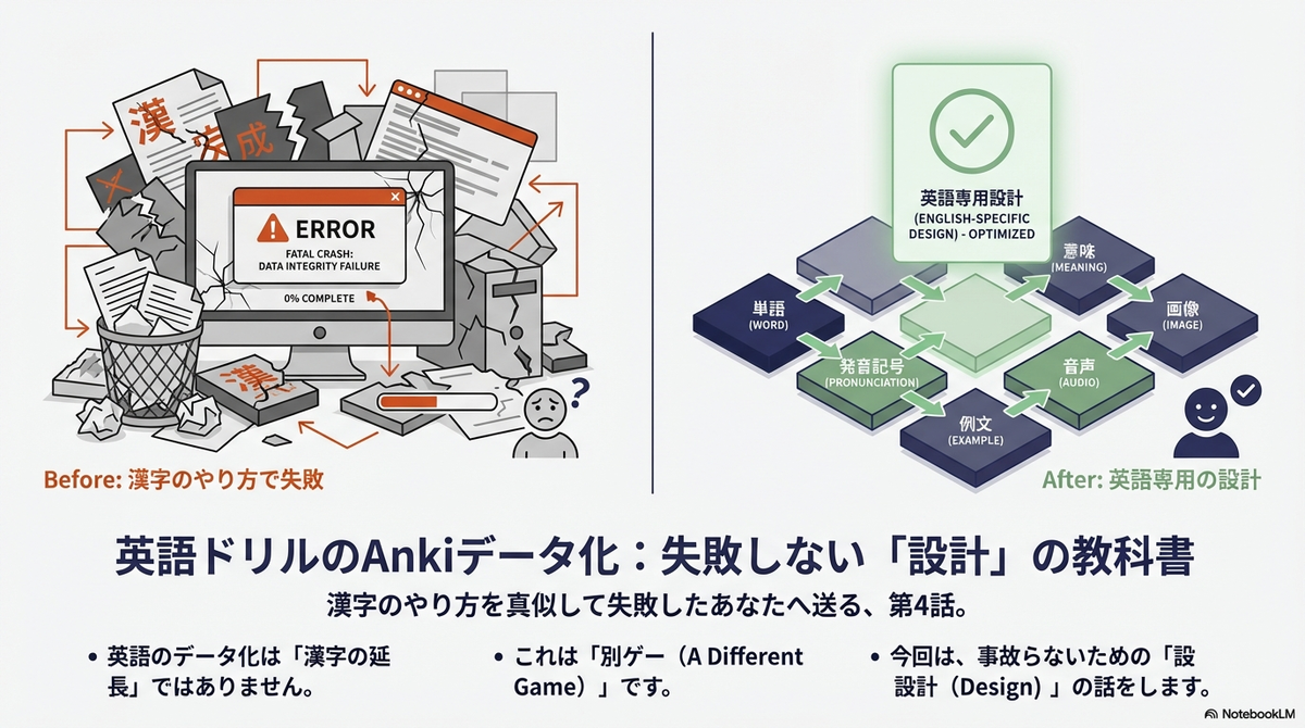 「英語ドリルのAnkiデータ化:失敗しない『設計』の教科書」と題したスライド。左側は「Before: 漢字のやり方で失敗」として、エラーを起こしたパソコンとゴミ箱に捨てられた漢字データのイラストで、漢字の手法を英語に適用して破綻した様子を描写。右側は「After: 英語専用の設計」として、単語(Word)・意味(Meaning)・発音(Pronunciation)・音声(Audio)・例文(Example)・画像(Image)が有機的に繋がった構造図を描き、最適化された状態を示している。下部には「英語のデータ化は『漢字の延長』ではなく『別ゲー』であり、今回は事故らないための『設計』の話をする」と宣言されている。