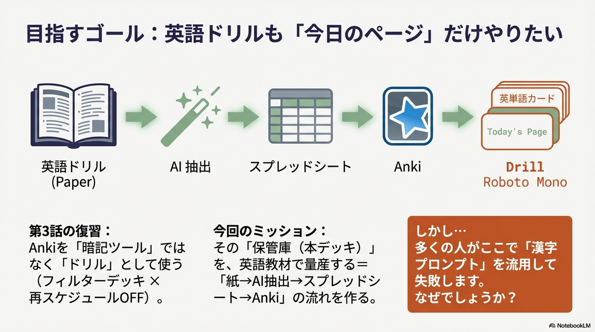 「目指すゴール:英語ドリルも『今日のページ』だけやりたい」と題したプロセス図。左から右へ「英語ドリル(Paper)」「AI抽出」「スプレッドシート」「Anki」「Drill(英単語カード)」という作成フローが矢印で繋がれている。下部には、前回の復習としてAnkiをドリル化する手法に触れつつ、今回のミッションは「紙→AI→スプレッドシート→Anki」の流れを作ることだと説明。右下のオレンジ色の枠で「しかし…多くの人がここで『漢字プロンプト』を流用して失敗します。なぜでしょうか?」と問題提起している。