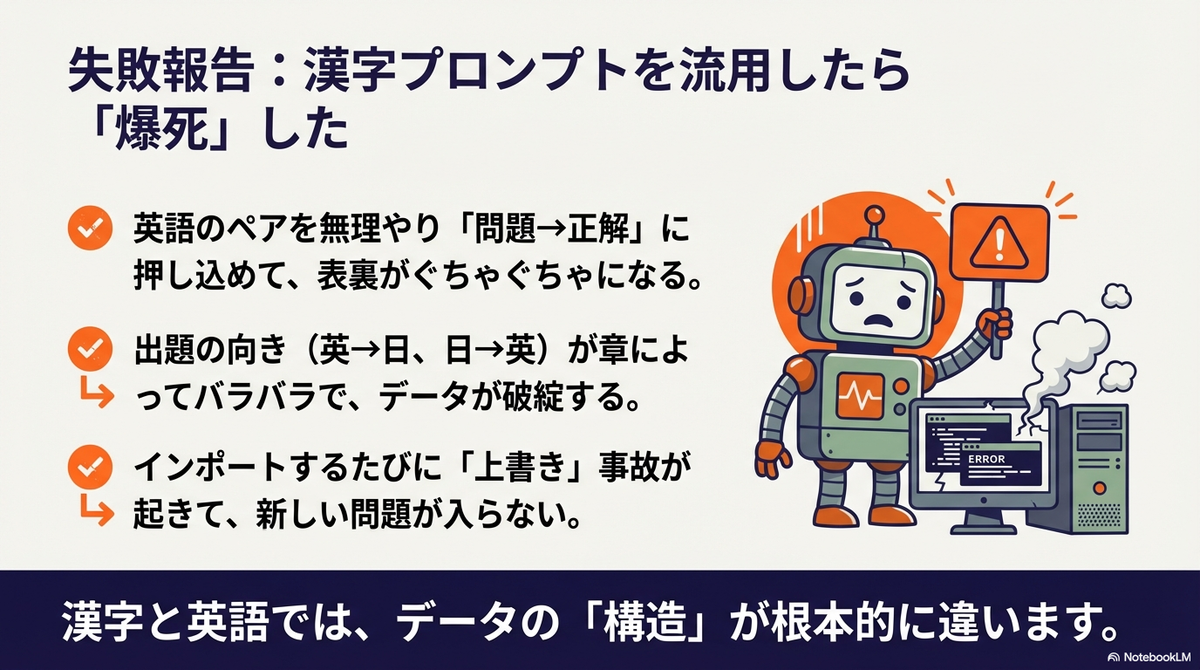 「失敗報告:漢字プロンプトを流用したら『爆死』した」と題したスライド。漢字用の手法を英語に適用した際の3つの失敗例が挙げられている。1.「英語ペアを無理やり『問題→正解』に押し込めて表裏が混在する」、2.「出題の向き(英→日、日→英)がバラバラでデータが破綻する」、3.「インポートのたびに『上書き』事故が起きる」。右側にはエラーを出して煙を上げるパソコンと困った顔のロボットのイラストがあり、下部には「漢字と英語では、データの『構造』が根本的に違います。」と結論づけられている。