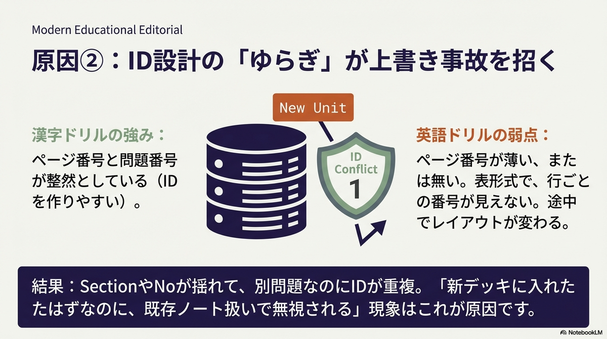 「原因②:ID設計の『ゆらぎ』が上書き事故を招く」と題した解説図。漢字ドリルはページ・問題番号が整然としておりIDを作りやすい一方、英語ドリルは番号が不明瞭だったりレイアウトが変わるためID設計が難しいことを比較している。中央の図では、新しい単元(New Unit)を追加しようとした際にIDが重複(ID Conflict)し、データベースへの追加がブロックされる様子が描かれている。下部には、ID重複により「新デッキに入れたはずなのに無視される」現象の原因であると説明されている。