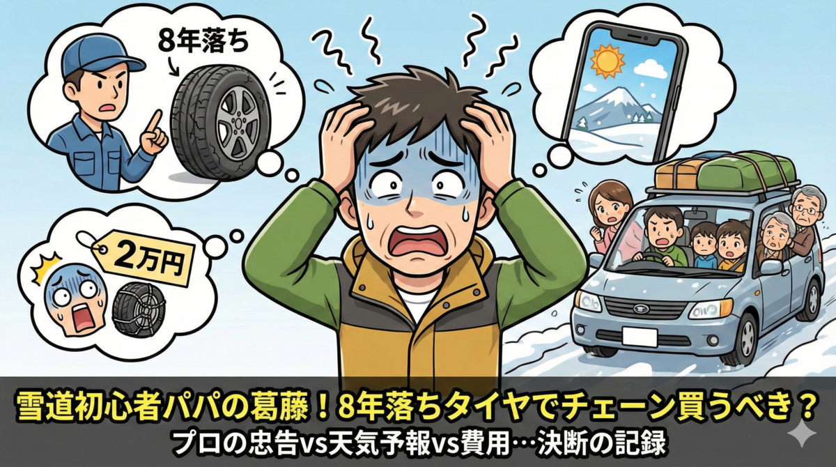 雪道初心者パパの葛藤!8年落ちタイヤでチェーン買うべき?プロの忠告vs天気予報vs費用…決断の記録。頭を抱えて焦るパパの周りに、タイヤのヒビを指摘する整備士、晴れの天気予報、2万円のチェーンのイラストが浮かんでいる。背景には雪道と、家族8人が乗った車があるイラスト。