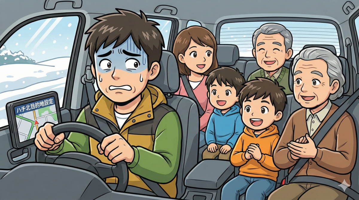 雪道を走行中の車内。運転席のパパはハンドルを握りしめ、冷や汗をかいて非常に不安そうな表情。後部座席の家族(ママ、子供たち、祖父母)は笑顔で楽しそうにしている。カーナビの画面には「ハチ北目的地設定」と表示されているイラスト。