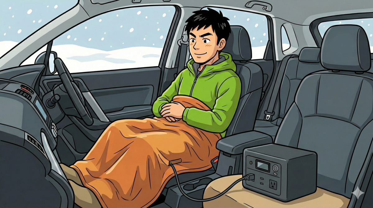 雪景色の車内で、ポータブル電源に接続した電気毛布を膝にかけてリラックスして暖まるパパのイラスト。