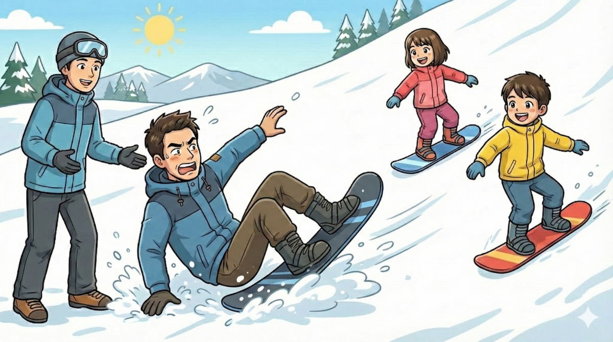 スノーボードのレッスン風景のイラスト。インストラクターが見守る中、パパは派手に転倒して雪まみれになり、子どもたち2人は笑顔で上手に滑り降りている。