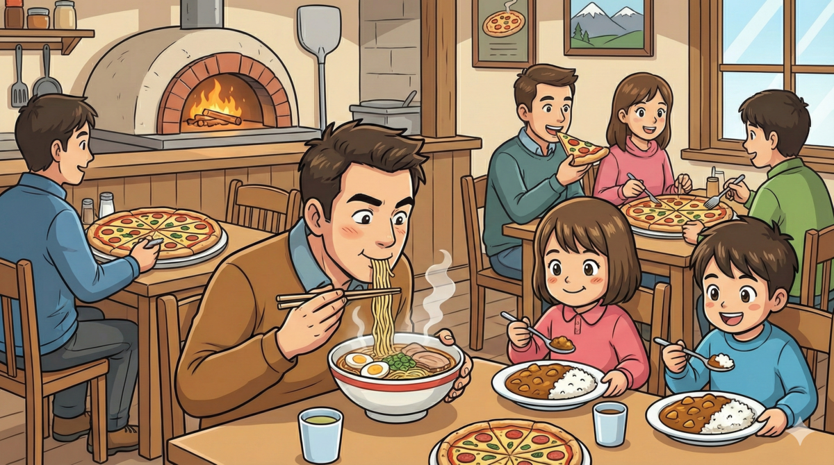 ゲレンデのレストランでのランチタイムのイラスト。背景には本格的なピザ窯があり他の客がピザを食べている中、パパはラーメンを、子どもたちはカレーを美味しそうに食べている。