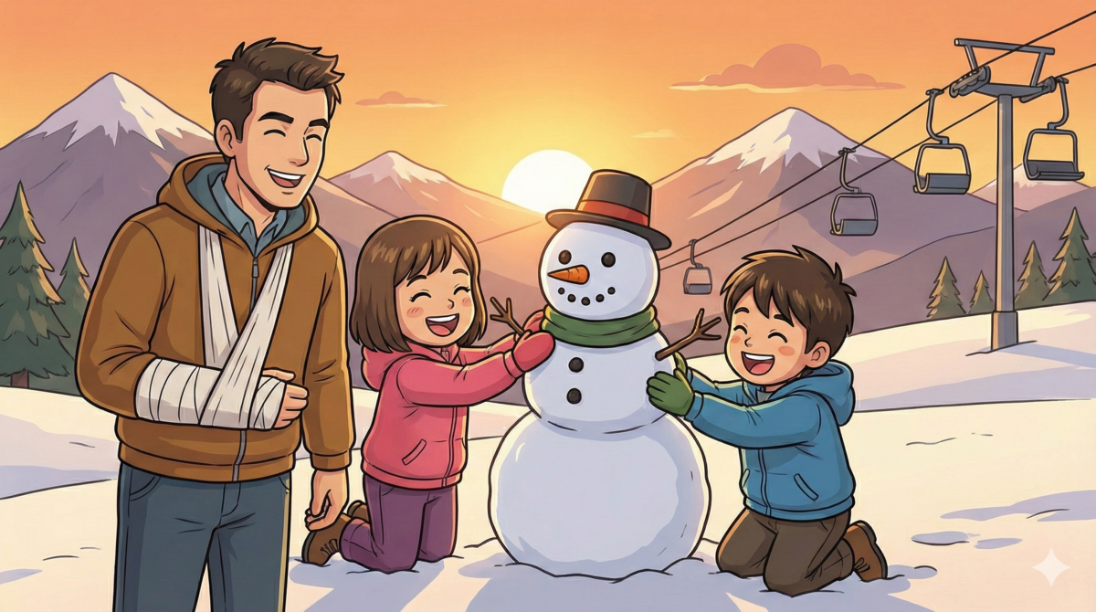 夕暮れのスキー場で、完成した雪だるまを囲んで笑顔の子どもたちと、腕に怪我の包帯を巻きながらそれを見守るパパのイラスト。背景には夕陽と停止したリフトが見える。