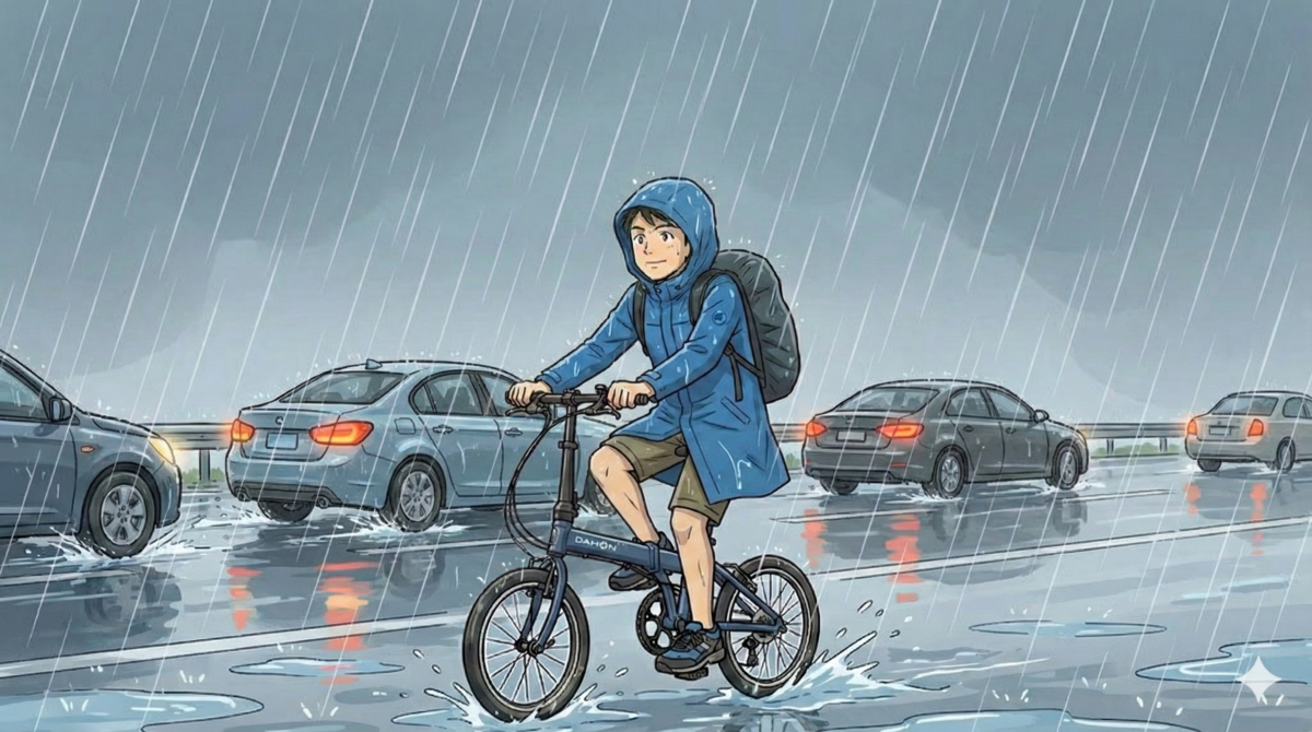 雨の日の自転車通勤装備。フード付きレインコート、長ズボン、防水リュックでDAHON K9Xに乗る男性。水はねの中、車と並走している様子。