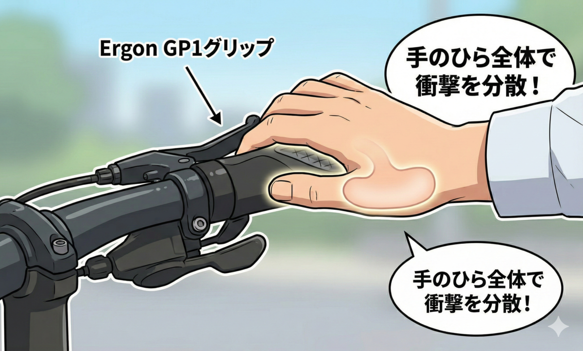 DAHON K9Xのハンドルに取り付けられたErgon GP1グリップに手を添えているイラスト。手のひら全体に衝撃が分散される様子が光で表現され、「手のひら全体で衝撃を分散！」という吹き出しがある。