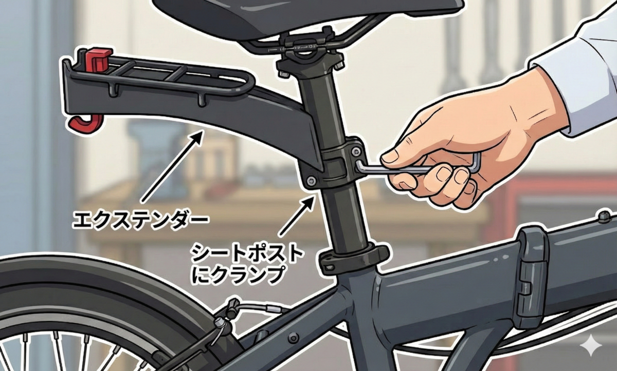 DAHON K9Xのシートポストに、リクセンカウルのエクステンダーを六角レンチを使ってクランプで取り付けている手元のイラスト。「エクステンダー」「シートポストにクランプ」というラベルが付いている。