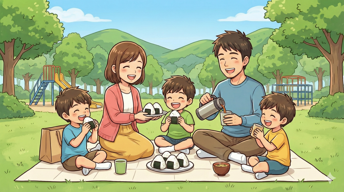 有馬富士公園で、家族5人が手作りおにぎりと温かい味噌汁で楽しそうにピクニックをしているイラスト。