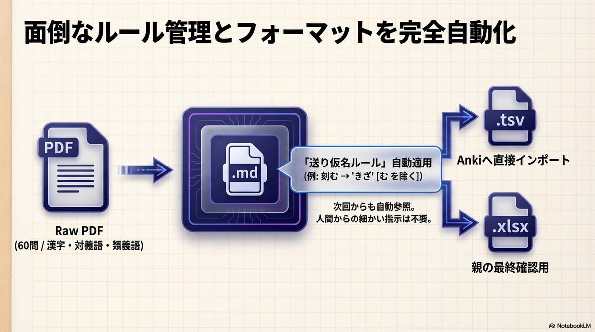 「面倒なルール管理とフォーマットを完全自動化」というタイトルのもと、PDFからMarkdownファイルを通じて送り仮名などのルールが自動適用され、Anki用TSVファイルと最終確認用Excelファイルへと分岐して出力されるワークフローを示す図解画像 。