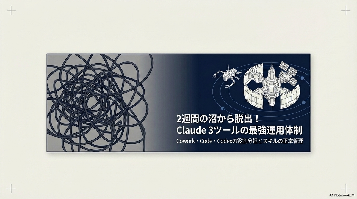 迷いから脱出した「最強の運用体制」を宣言するアイキャッチ画像。左側の複雑に絡み合った黒い線（沼）から、右側の整然とした宇宙ステーションのグラフィックへと移行するデザイン