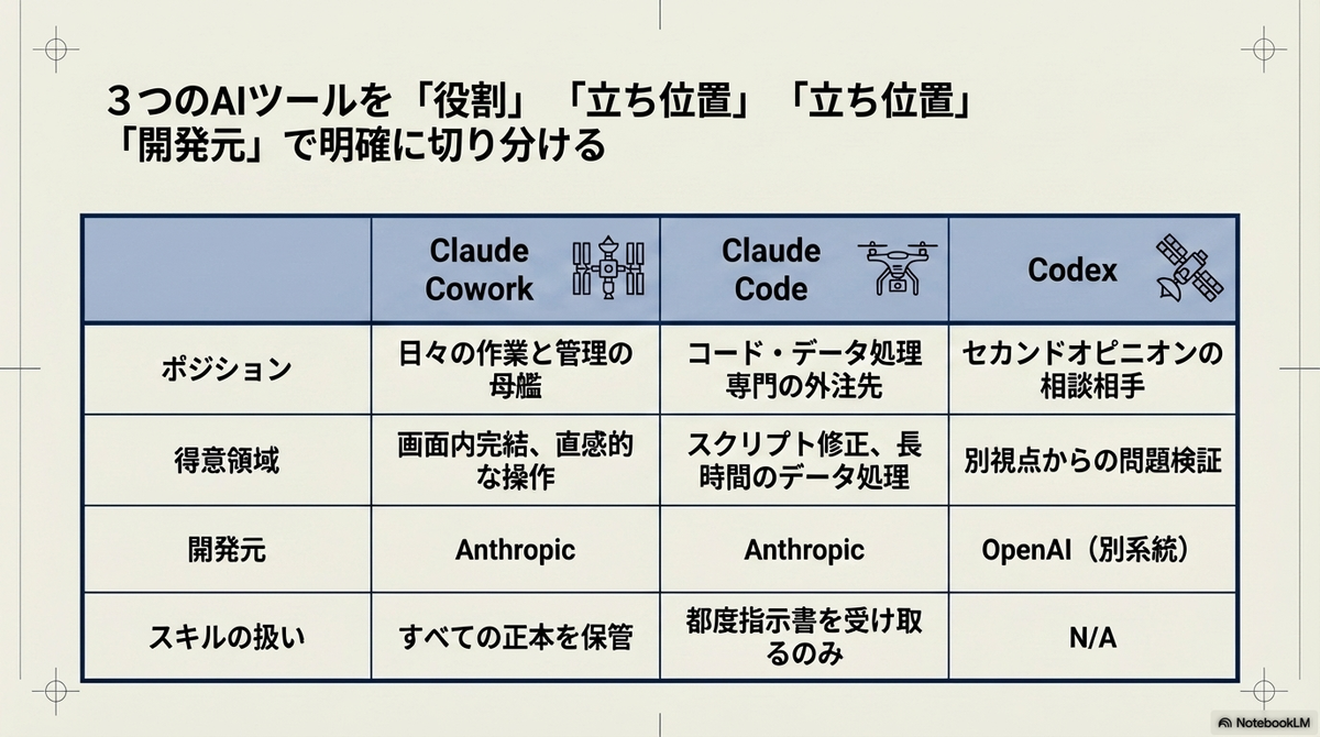 Claude Cowork、Claude Code、Codexの3ツールを比較するマトリクス表。「ポジション」「得意領域」「開発元」「スキルの扱い」の4項目でそれぞれの役割や立ち位置を明確に切り分けている