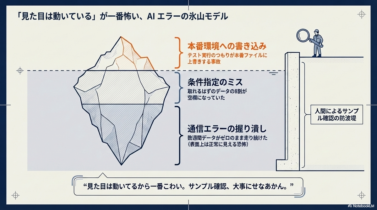 AIエラーの氷山モデルを図解したイラスト。水面上の「本番環境への書き込み」という目に見える事故の下に、「条件指定のミス」や「通信エラーの握り潰し」が隠れている危険性を表現。右側にはそれを防ぐ「人間によるサンプル確認の防波堤」が描かれている