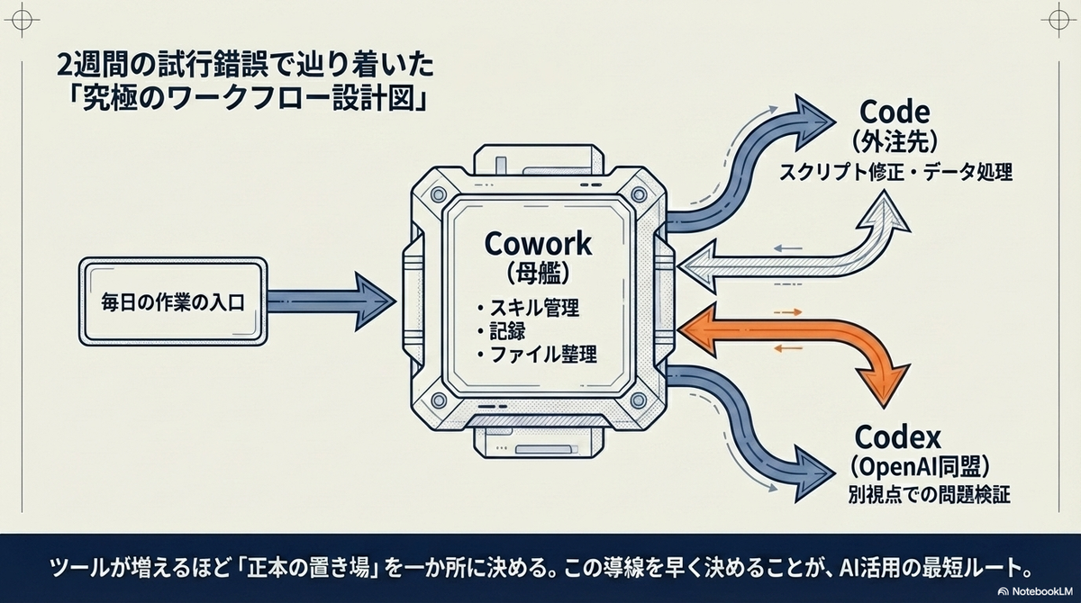 究極のワークフロー設計図。中央に配置されたCowork（母艦）を日々の作業の入口・スキル管理の拠点とし、そこからCode（外注先）やCodex（OpenAI同盟）へと矢印が分岐・合流する連携体制を描いたシステム図