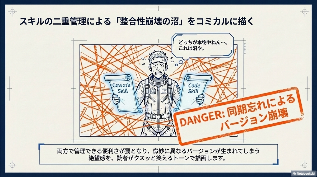 スキルの二重管理による「整合性崩壊の沼」をコミカルに描いたイラスト。CoworkとCodeの2つのスキル書を両手に持ち、赤い線が絡み合う中で「どっちが本物やねん」と混乱して冷や汗をかく宇宙飛行士の姿。「DANGER: 同期忘れによるバージョン崩壊」の警告スタンプ付き